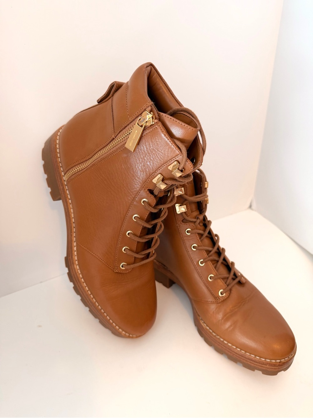 Michael Kors Brown Leather Lace-Up Ankle Boots with Gold Hardware